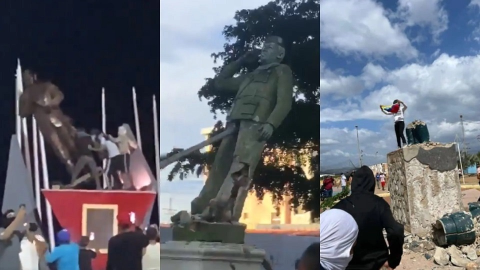 Manifestantes derriban estatuas de Hugo Chávez en Venezuela