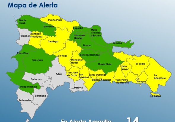 COE eleva alerta amarilla en 14 provincias y el Distrito Nacional por fuertes aguaceros y tormentas este jueves