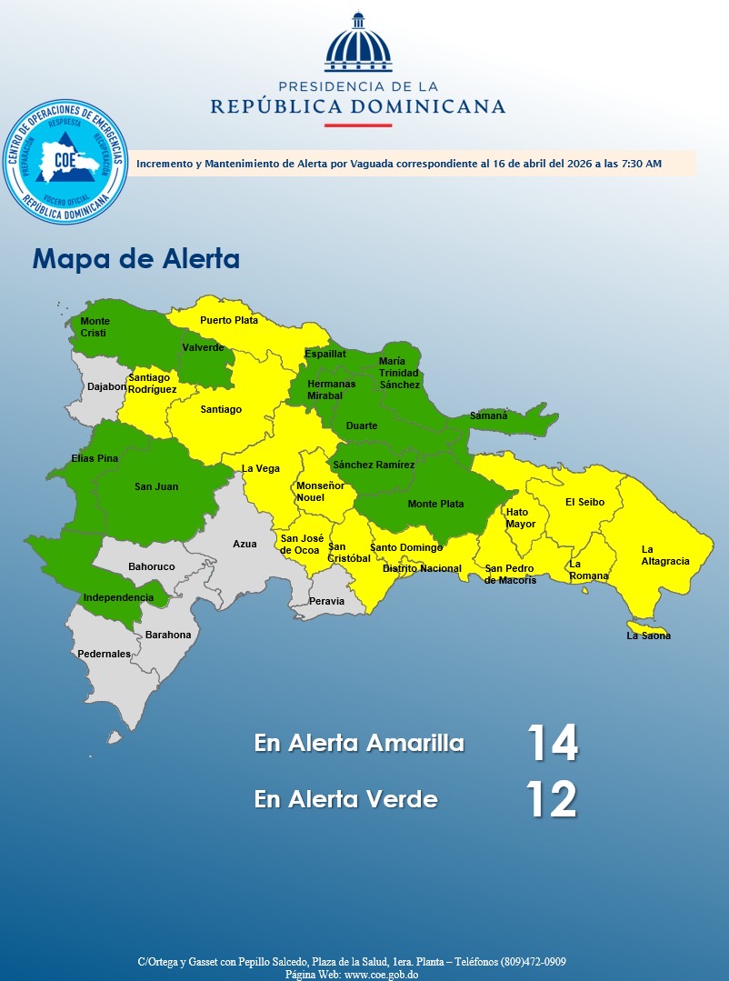 COE eleva alerta amarilla en 14 provincias y el Distrito Nacional por fuertes aguaceros y tormentas este jueves