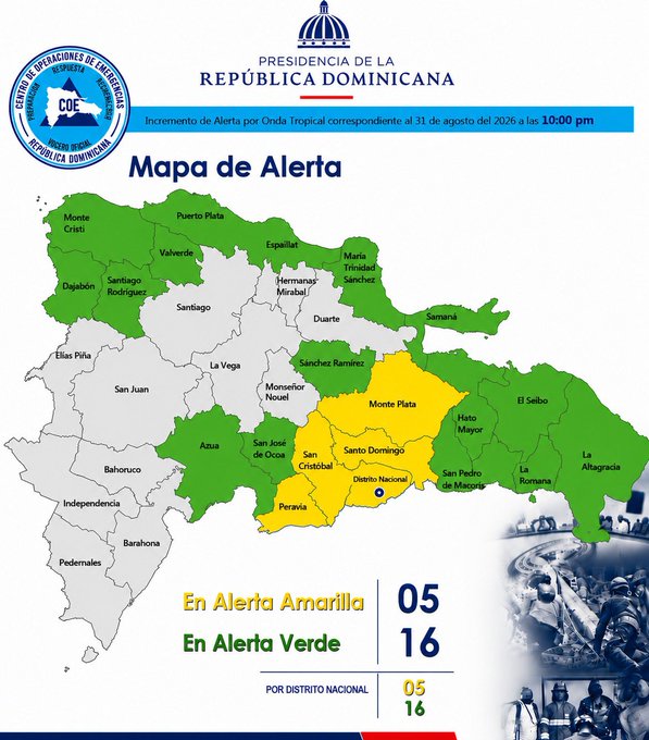 COE mantiene varias provincias en alerta por lluvias asociadas a vaguada y onda tropical